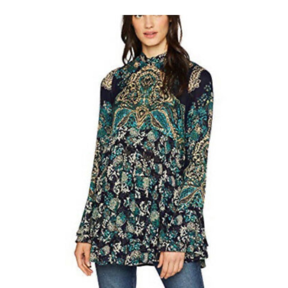 Free People Navy Teal Floral Print Tunic